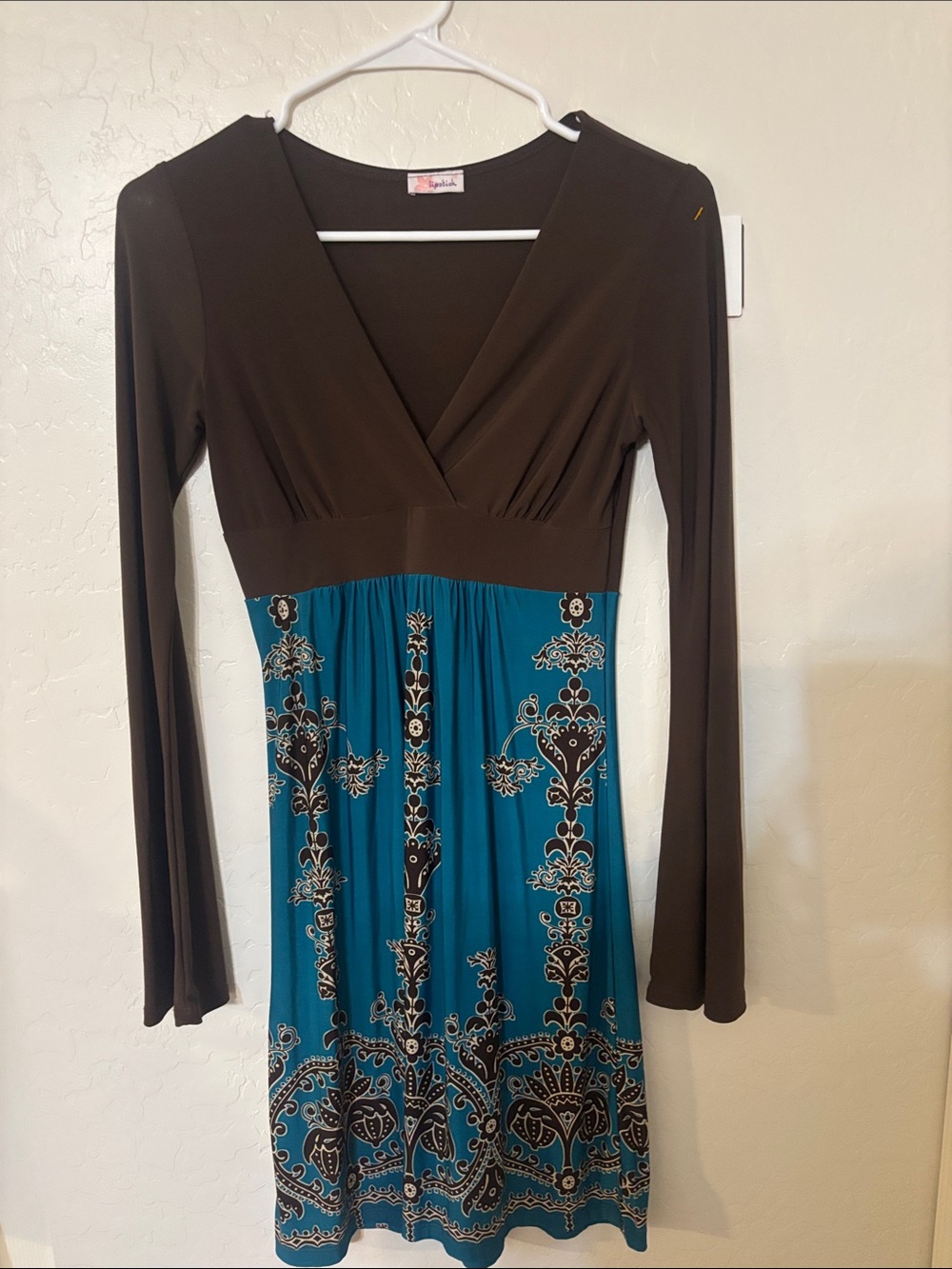 Lipstick Boutique Brown and Teal Long Sleeve Empire-Waist Dress
